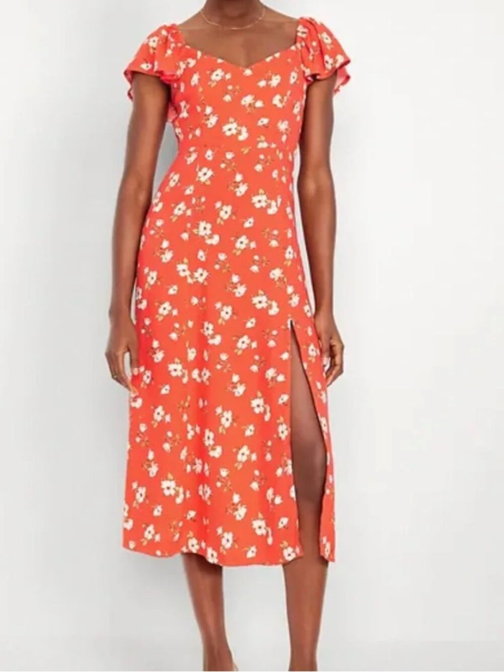 Red Floral Flutter-Sleeve Crepe Midi Dress